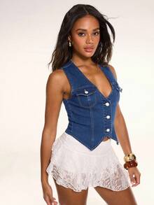 SHEIN BAE Summer Boho Music Festival Carnival Party Nomadic Western Road Party Retro Old Washed Denim Vest Jacket, Holiday,Rave Top,Ibiza,Festival,Going Out - Medium Wash - View 6