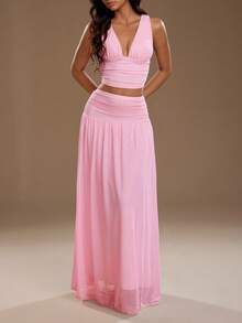 SHEIN Unity 女士优雅V领吊带背心和高腰网纱裙两件套，春夏款 - 粉色 - 查看 1