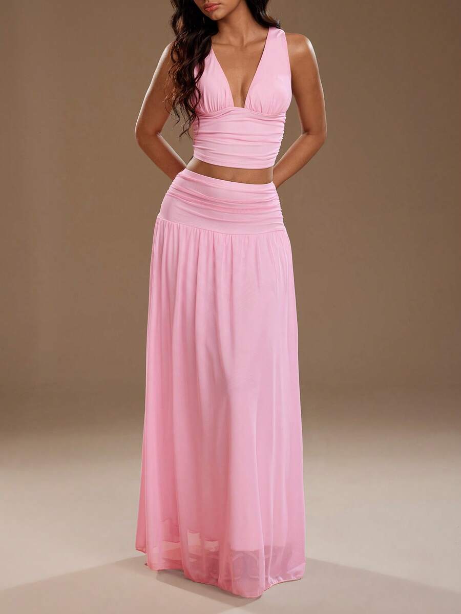 SHEIN Unity 女士优雅V领吊带背心和高腰网纱裙两件套，春夏款 - 粉色 - 查看 1