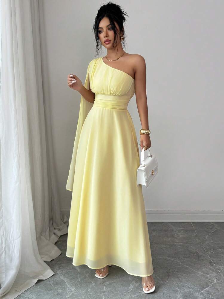 Elenzga Abito lungo da donna in chiffon a tinta unita con fodera, spalla singola, maniche oblique, collo scialle, vita arricciata regolabile, linea A senza maniche, elegante, vintage, romantico francese, minimalista, adatto per ufficio, pendolarismo, lavoro, casual, spiaggia, appuntamenti, tè pomeridiano, stile boho, medio orientale, nuova collezione primavera/estate - Giallo d'oca - Visualizzare 3