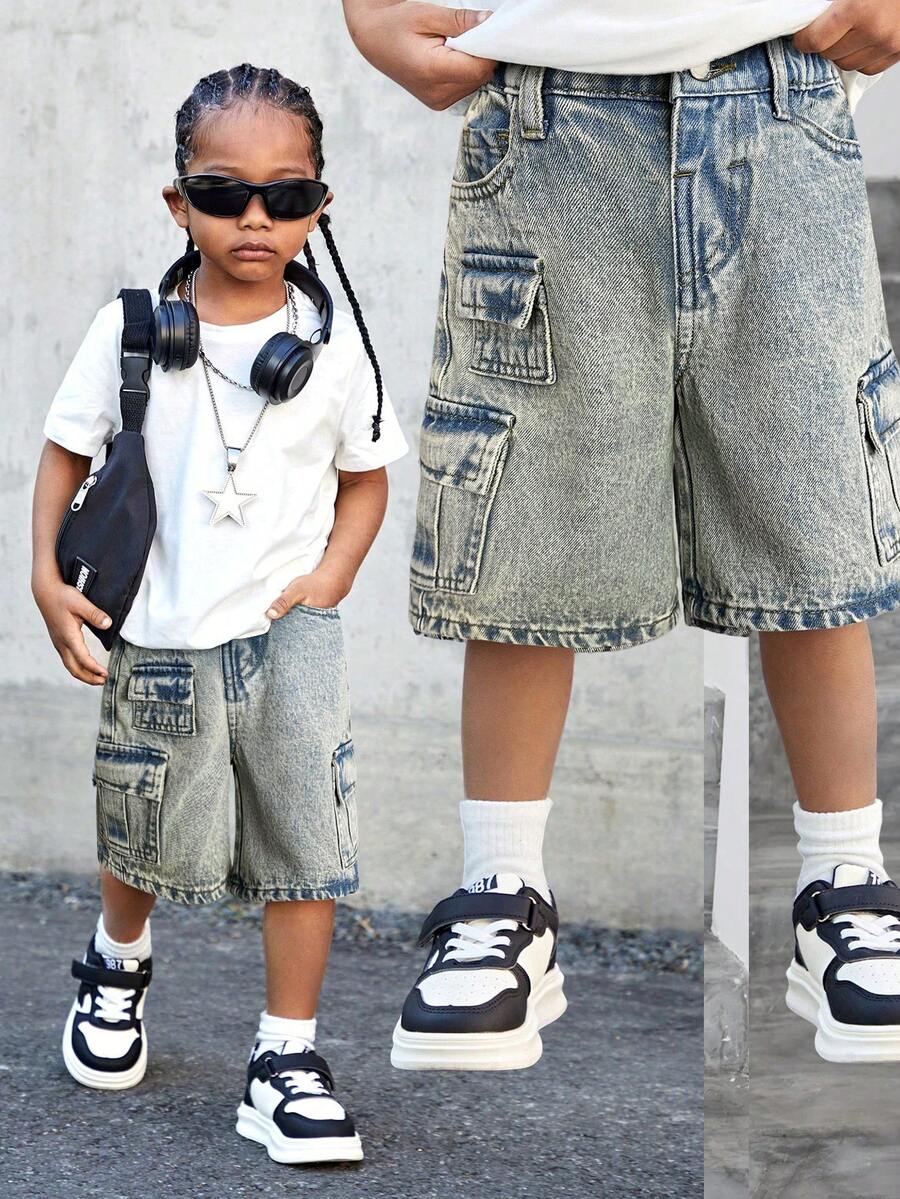 SHEIN Young Boy Street Cool Distressed Stonewashed Loose Fit Dark Grey Denim Cargo Shorts With Multiple Pockets,For Streetwear - Dark Wash - View 1