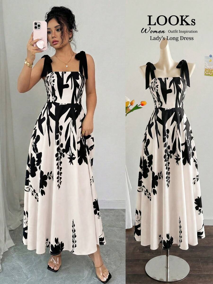 Elenzga 女士杏色底黑色花卉拼接无袖连衣裙，腰部收褶，裙摆呈喇叭形，优雅休闲度假风，适合狂欢节、劳动节、复活节、海滩、花园、旅行、春夏等场合。 - 彩色 - 查看 1