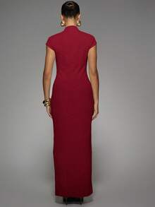MISSGUIDED Mock Neck Cap Sleeve Button Front Midi Length Bodycon Dress With Side Slit For Fall Winter - Burgundy - View 2
