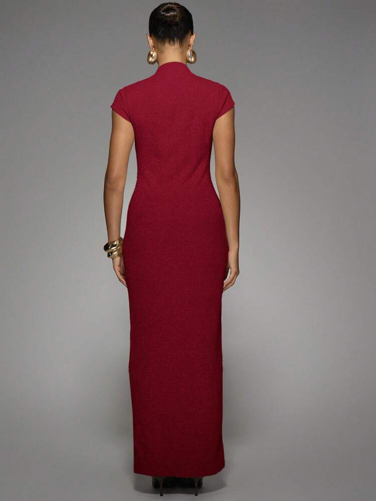 MISSGUIDED Mock Neck Cap Sleeve Button Front Midi Length Bodycon Dress With Side Slit For Fall Winter