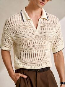 Manfinity CityGents Herren Neues Polokragen Kurzarm Perforiertes Kontrast Farbiges Atmungsaktives Pullover Hemd, Frühling/Sommer Herren Gehäkeltes Hemd Creme Top Herren Herren 70er Jahre Kleidung Herren Geknöpftes Gestricktes Polo Offenes Gestricktes Hemd Herren, Sommer Herren Gestricktes Polo - Beige - Übersicht 2