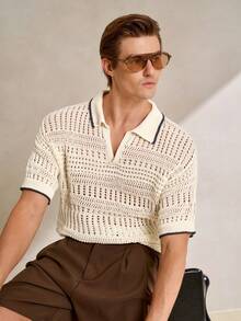 Manfinity CityGents Herren Neues Polokragen Kurzarm Perforiertes Kontrast Farbiges Atmungsaktives Pullover Hemd, Frühling/Sommer Herren Gehäkeltes Hemd Creme Top Herren Herren 70er Jahre Kleidung Herren Geknöpftes Gestricktes Polo Offenes Gestricktes Hemd Herren, Sommer Herren Gestricktes Polo - Beige - Übersicht 6