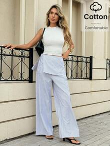 Siren Gaze Women's Casual Striped Print Loose Pants - Blue and White - View 6