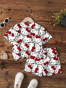 HELLO KITTY AND FRIENDS | SHEIN Kleine Mädchen Sommer Lässig Cartoon Katzen Muster Kurzarm T-Shirt und Shorts Set - Weiss - Übersicht 2