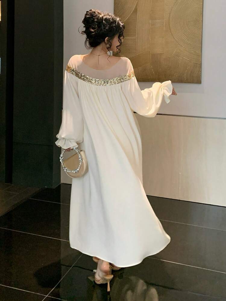 Women's Elegant Patchwork Sequin Straight Loose White Mid-Length Dress, Autumn Wedding Guest Dress Sundress Off The Shoulder