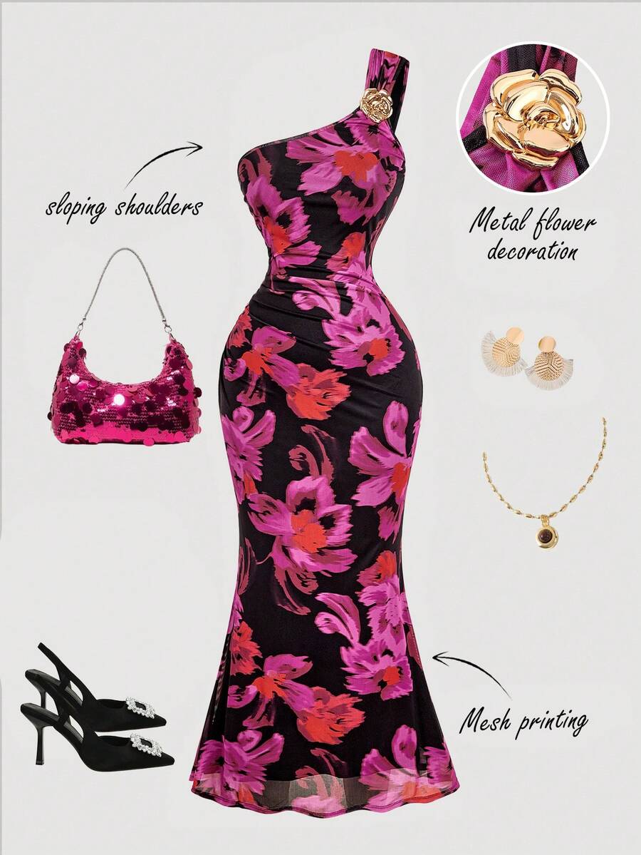 SHEIN MOD 大码复古黑色底红色花卉优雅网纱不对称肩部修身美人鱼连衣裙，优雅花卉度假连衣裙 - 彩色 - 查看 1