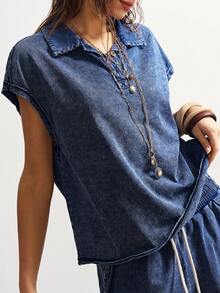 Bohemela 波西米亚风度假情人节音乐节休闲纯色针织开襟宽松水洗女式T恤 - 藍色 - 查看 4