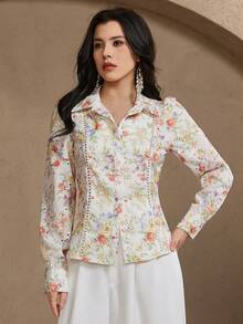 DAZY Damen elegante Bluse mit Blumenmuster und Puffärmeln, Frühling - Aprikosenfarben - Übersicht 5