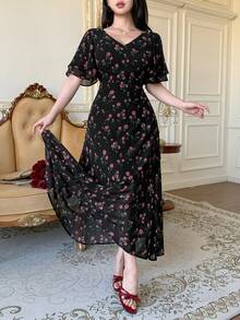DAZY Elegantes Damen Kleid mit Blumenmuster, V-Ausschnitt und Rüschenärmeln, Sommerkleid für Hochzeitsgäste, Ostersonnenkleid, Boho-Urlaubsoutfit für Frauen - Schwarz - Übersicht 7