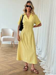 SHEIN LUNE Đầm ngắn tay xếp ly màu trơn dáng ôm dành cho nữ, trang phục cơ bản hàng ngày cho mùa xuân/hè. - Màu vàng ngỗng - Xem 3
