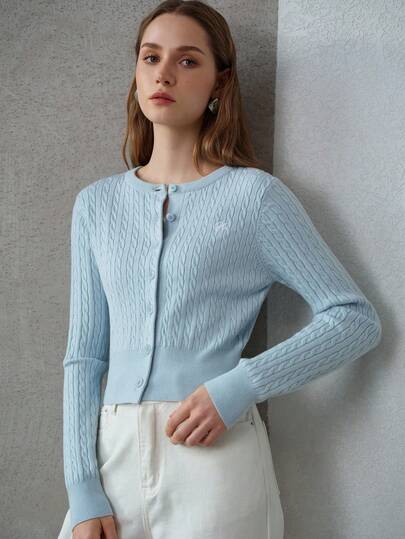 MOTF 女士刺绣字母图案麻花针织开衫