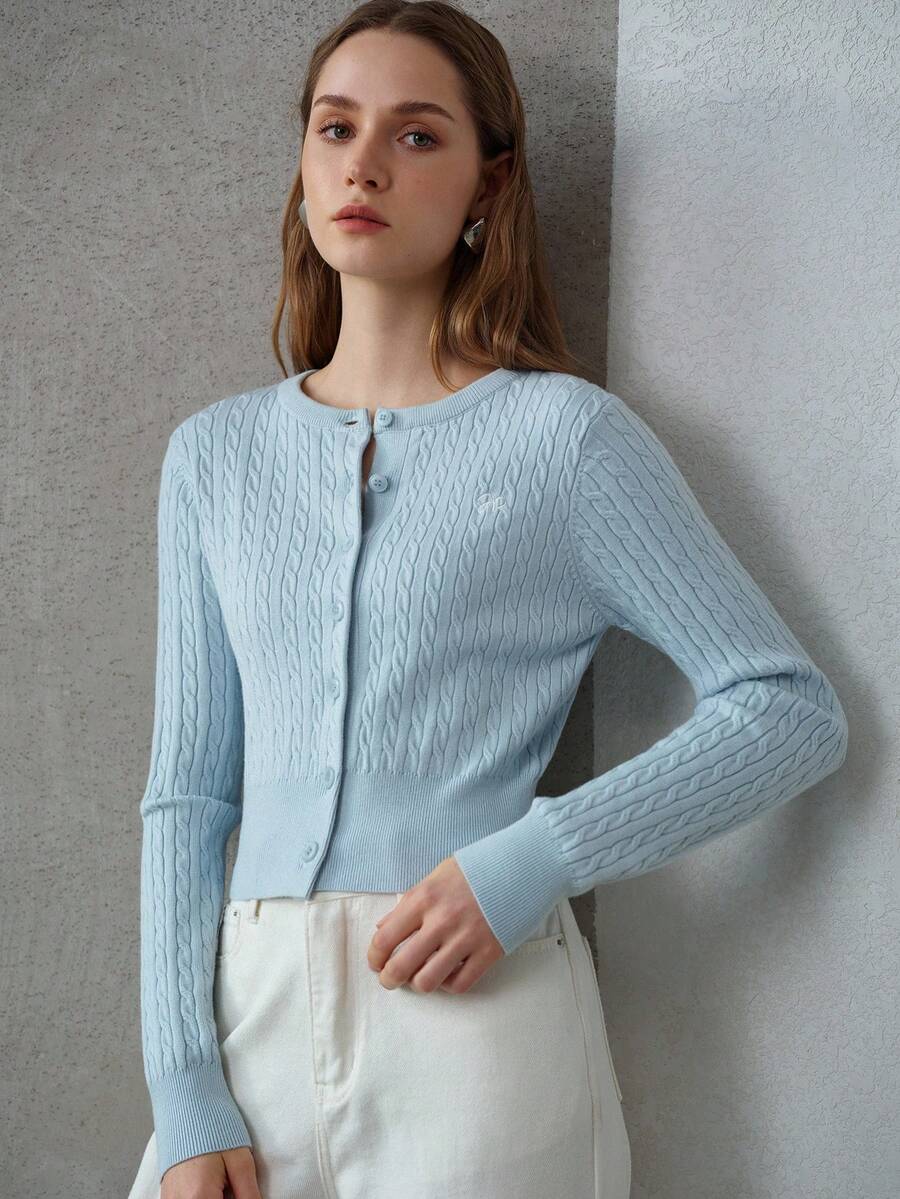 MOTF WOMEN'S EMBROIDERED LETTER PATTERN CABLE KNIT CARDIGAN - Blue - View 1