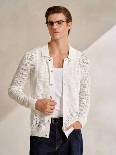 Manfinity CityGents Herren Lässig Urlaubs Stil einfarbiger Pointelle-Strick Knopf-Cardigan, Herbst Herren Cardigan Herren Resort Wear Herren Pullover Jacke Herren Häkel Hemd Herren Pullover Jacke Offener Strick Hemd Herren