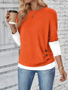 EMERY ROSE Women Casual Contrast Color Patchwork 2 In 1 T-Shirt, Autumn Graphic Tees Women Tops - Orange - View 5