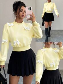 Elenzga Women's Autumn New Fashionable Minimalist Bow Decor Short Sweatshirt - Light Yellow - View 7