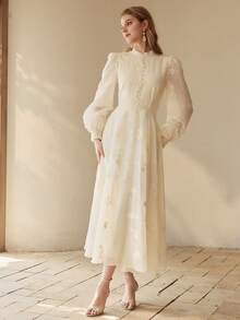 MOTF PREMIUM WOMEN'S ELEGANT FLORAL EMBROIDERED DRESS - Apricot - View 3