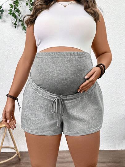 SHEIN Pantalones cortos casuales de maternidad de talla grande, de unicolor, con bolsillo y cintura ajustable