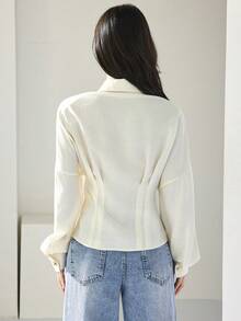 Heiryn Elegant Off-White Women's Loose Ribbed Button Up Blouse,Autumn Office Oversized Shirt For Vacation Wedding Guest Party,Spring Summer Cream Blouse - White - View 3