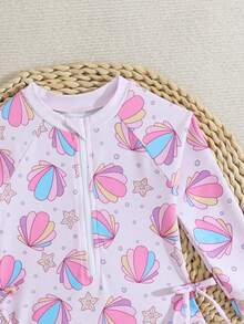 1件婴儿/女婴长袖连体泳衣，带拉链，可爱蝴蝶结和花朵印花，含帽子 - 彩色 - 查看 3