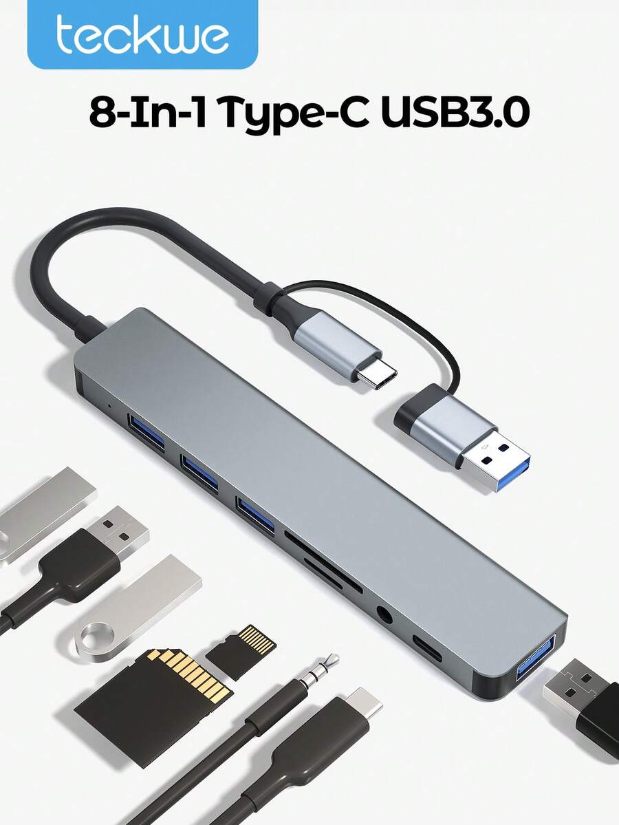 Teckwe Bộ chia USB 3.0 USB C tích hợp đầu đọc thẻ SD, jack âm thanh, 8 trong 1, bộ chuyển đổi đa cổng cho MacBook Pro Air và nhiều thiết bị PC/Laptop/Máy tính bảng khác. - Bạc - Xem 1
