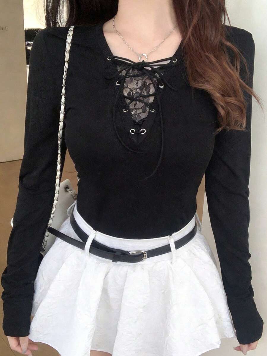 FRIFUL Women's Casual Solid Color Lace Patchwork Criss-Cross Tie T-Shirt, Autumn Long Sleeve - Black - View 1