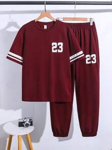 2件套青少年男童休闲简约字母印花圆领套头衫套装，适合夏季、运动、跑步、户外活动