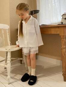 DAZY Young Girls Lace Patchwork Satin Loose Shirt Top & Super Shorts Loungewear Set, Fall Spring - White - View 7