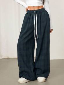 SHEIN PETITE Quần ống rộng phối màu kẻ caro xanh lá cây dành cho nữ thích hợp cho mùa thu đông, cũng như mùa xuân hè. - Nhiều màu - Xem 3