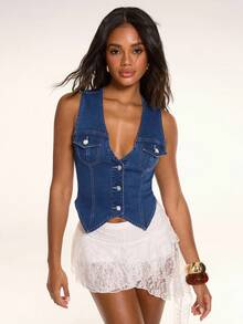 SHEIN BAE Summer Boho Music Festival Carnival Party Nomadic Western Road Party Retro Old Washed Denim Vest Jacket, Holiday,Rave Top,Ibiza,Festival,Going Out - Medium Wash - View 5