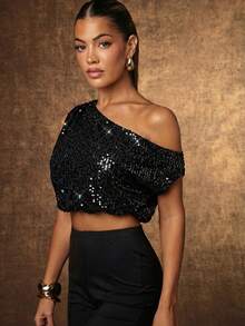 Hauture Blusa con un hombro, con pliegues y lentejuelas, para salir de noche - Negro - Ver 5