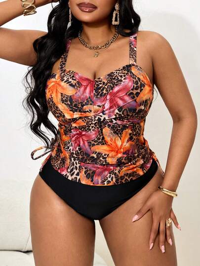 Slaydiva Plus Size Women 2 Pieces Swimsuit, Floral Print Tankini Swimwear For Summer Vacation