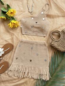 Soleia Women's Casual, Vacation, Western, Beach Wedding Guest, Graduation, Brunch, St. Patrick's Day, Spring Break, Easter, Music Festival Elegant Bohemian Tropical Fringe Sequin Knit Two Pieces Sweater Set, Spring/Summer - Apricot - View 4