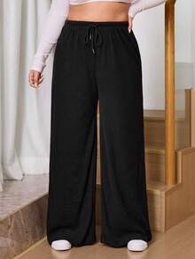 SHEIN Tall CURVE Plus Size Women's Solid Color Drawstring Waist Wide Leg Loose Casual Loose Pants, Daily Life, Commuting, School, Teachers, Meetings, Going Out, Leisure , Casual For Women - Multicolor - View 3