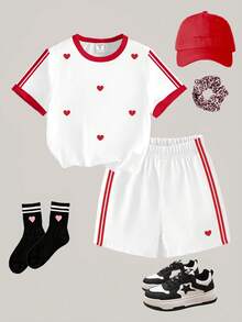 SHEIN Elladie kids 2件套女童休闲时尚创意爱心条纹印花T恤短裤套装，舒适日常穿着，适合春、夏、秋季穿着，可爱女童套装，少女服装，短袖。 - 彩色 - 查看 4