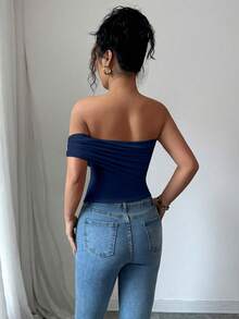 Rafferiza Women's Elegant Asymmetric Hem One Shoulder Fitted Blouse,Summer Navy Blue Top,Party Night Strapless Off Shoulder Plus T Shirt,Royal Blue Decorate - Navy Blue - View 2