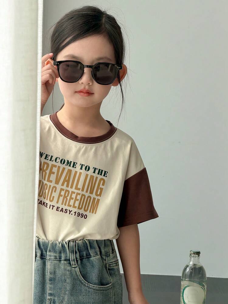 Young Girls Round Neck Letter Print Contrast Color Casual Street Style Short Sleeve T-Shirt, Summer