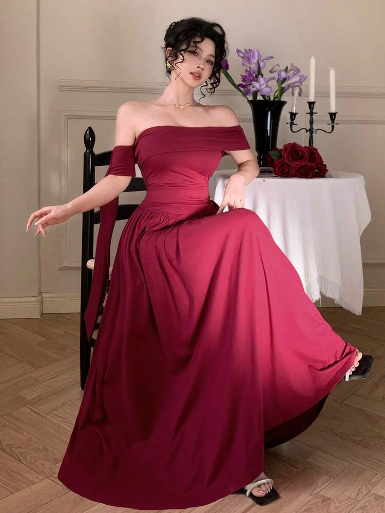 Women's Elegant Solid Color Off-Shoulder Mid-Length Dress, Spring/Summer Wedding Guest Dress Sundress
