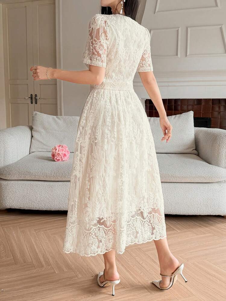Women's Elegant Lace Round Neck Puff Sleeve Blouse And A-Line Skirt 2 Pieces Set, Spring/Summer,Wedding Guest Dress Women