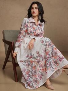 DAZY Đầm dài in hoa thanh lịch tay phồng dành cho nữ, đầm dự tiệc cưới mùa xuân/hè. - Màu be - Xem 6