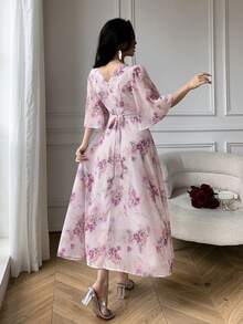 DAZY 女士优雅碎花V领喇叭袖中长连衣裙，春夏婚礼宾客礼服，复活节长款连衣裙 - 紫色 - 查看 2