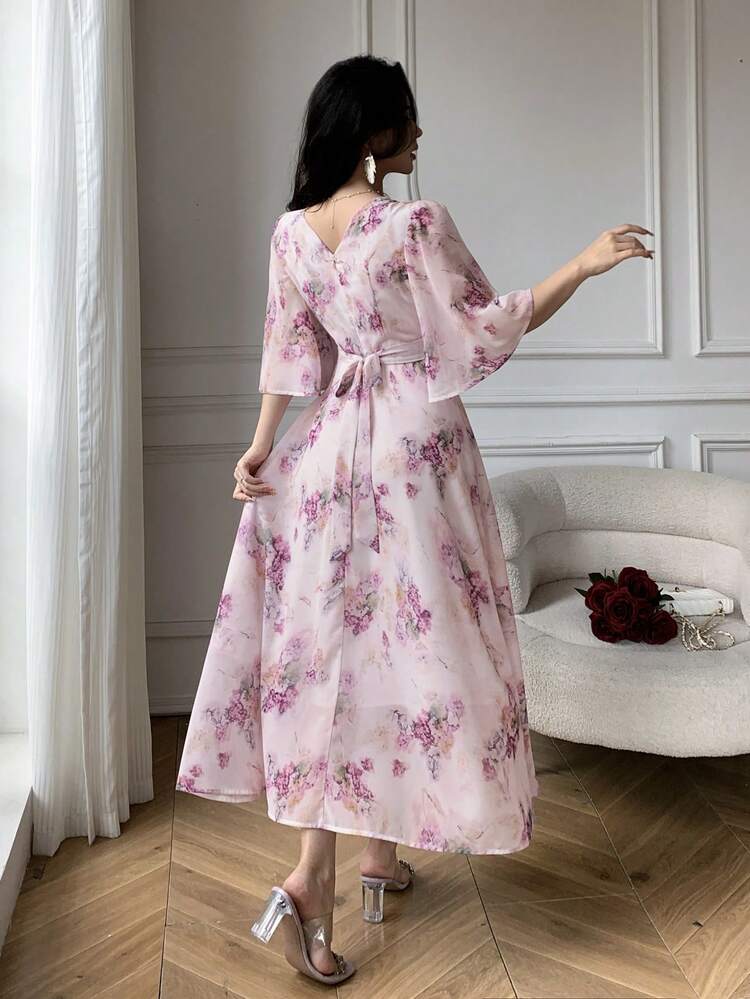 Women's Elegant Floral V-Neck Flare Sleeve Mid-Length Dress, Spring/Summer Wedding Guest Dress Easter Maxi Dress Sundress
