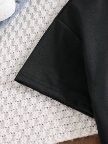 SHEIN Genkimix Kids Young Girl T-Shirt With Letter, Star, Smiling Face Print, Short Sleeve Top, Cute Pattern, Casual & Comfortable, Suitable For Spring, Summer, All Seasons, Black T-Shirt Kids Girl Loose Sweet Cute Top Loose Sweet Shirt For Girls Kid Cute Tops - Black - View 7