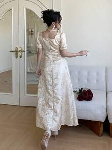 DAZY Đầm nữ thanh lịch tay phồng họa tiết hoa, đầm dự tiệc cưới mùa hè. - Màu be - Xem 2
