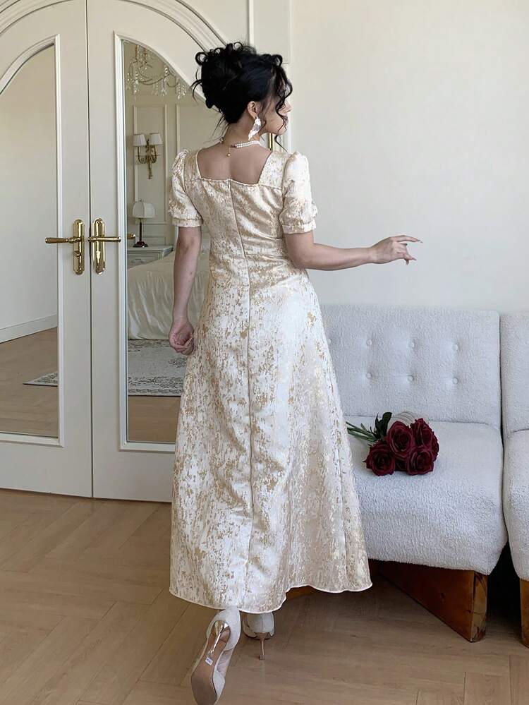 Women's Elegant Floral Puff Sleeve Dress, Summer Wedding Guest Dress Sundress