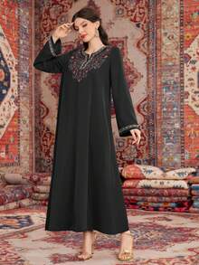 Al Najma Women's Notched Neck Floral Embroidered Elegant Long Sleeve Arabic Dress - Black - View 5