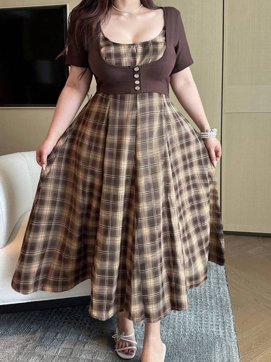 Vibekara Gaun Tenun Longgar Model A-Line Motif Kotak-kotak Cokelat, Musim Semi/Panas - Coklat - View 1